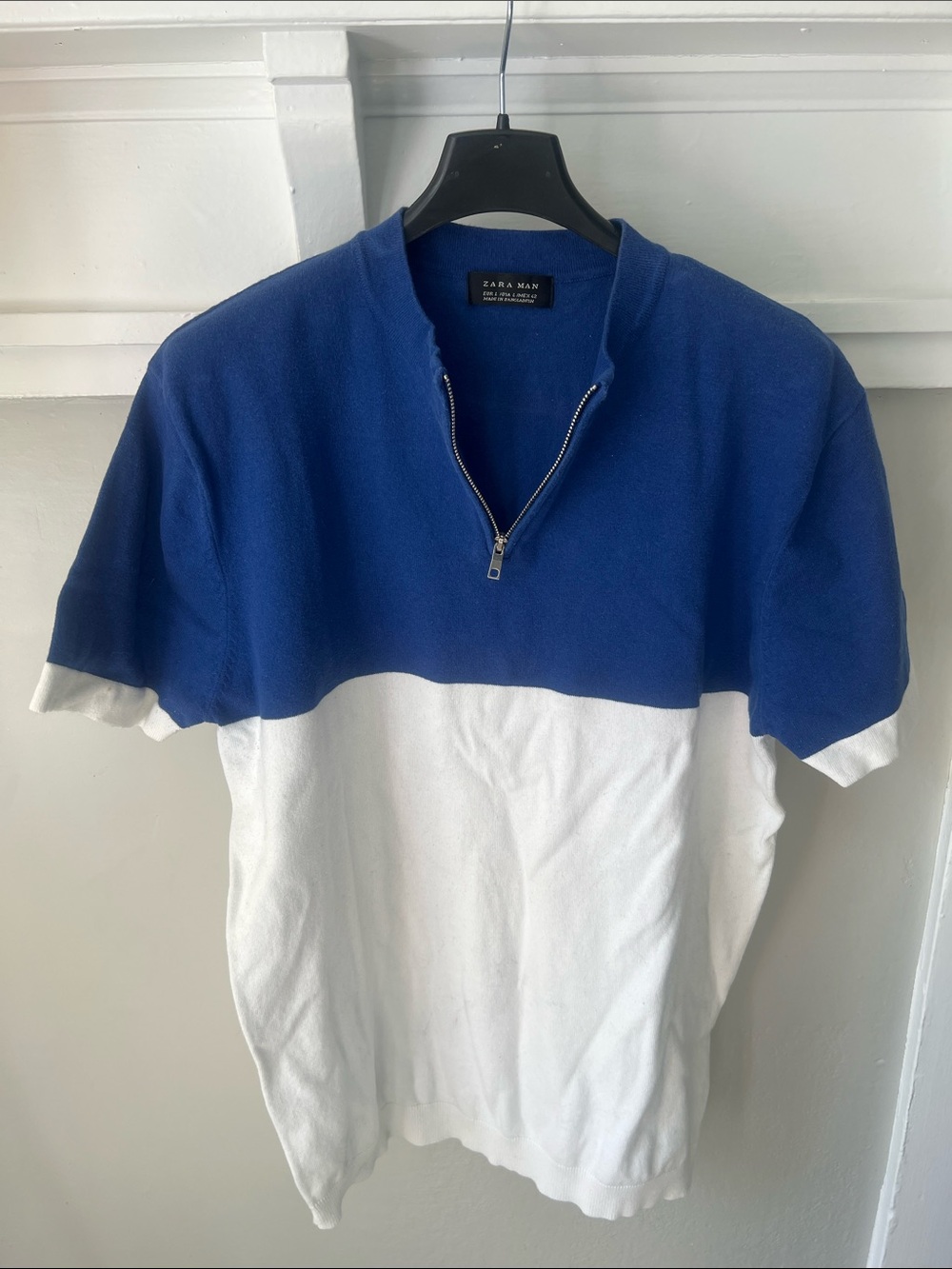 Zara Man Blue and White Half-Zip Short Sleeve Sweater